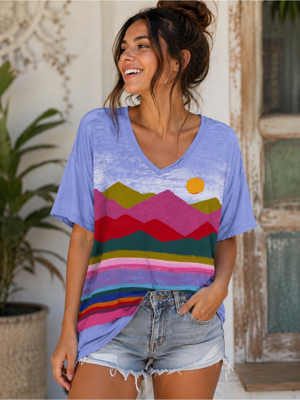 NATURAL LIFE Lavender Mountain Stripe V-Neck Tee with Multi-Color Print